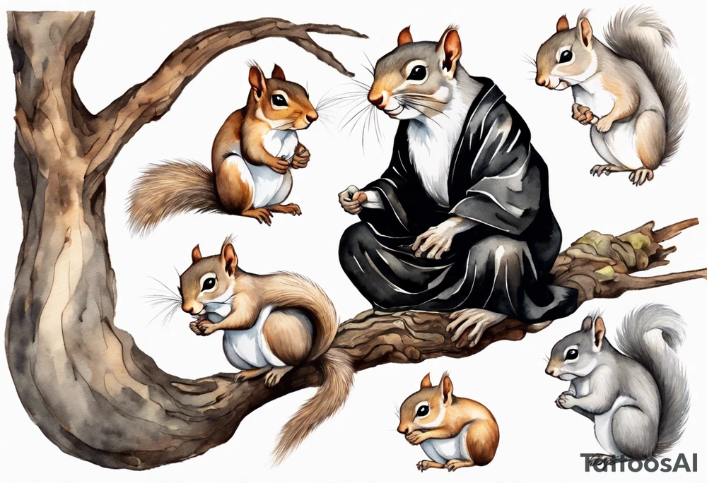 an elderly grey squirrel with a long beard wearing a black robe, meditating on a tree branch tattoo idea