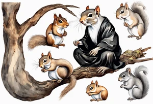 an elderly grey squirrel with a long beard wearing a black robe, meditating on a tree branch tattoo idea