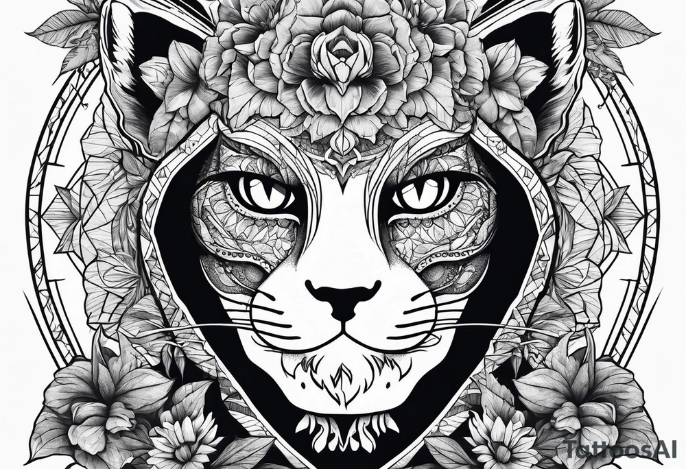 nature element with cat and skull tattoo idea