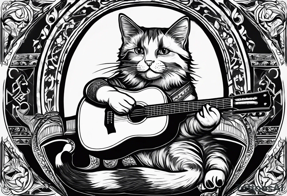 A cat playing acoustic guitar and sitting on a cajon. Dont forget the cajon. CAJON!!!! tattoo idea