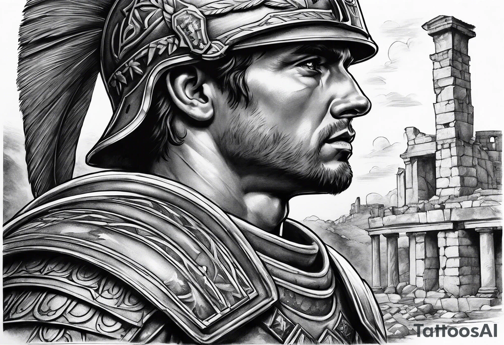 Roman soldier looking left at ruins tattoo idea