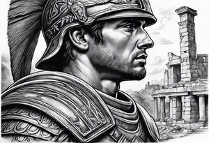 Roman soldier looking left at ruins tattoo idea