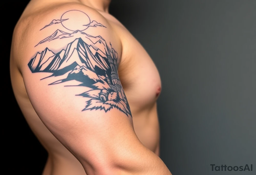 russian orthodox christian left arm tattoo with st basils cathederal in a mountainous setting with sun with a russian coat of arms tattoo idea