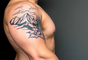 russian orthodox christian left arm tattoo with st basils cathederal in a mountainous setting with sun with a russian coat of arms tattoo idea
