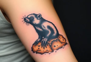 A black mole emerging from the earth, with rich brown soil textures and tiny roots, symbolizing perseverance and hidden strength tattoo idea