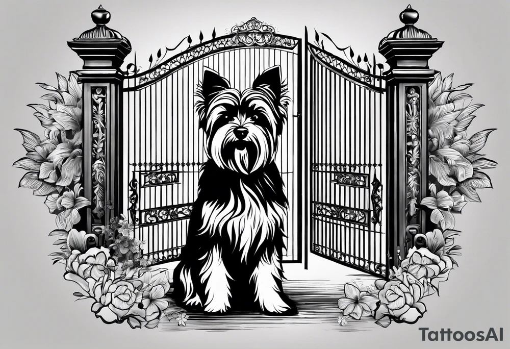 Yorkshire terrier standing outside of paradise. The gate is half opened. On the gate is written the date 05.06.2024 tattoo idea