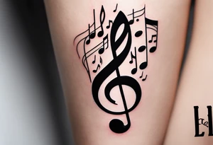 Simple minimalist tattoo in the style of single needle art depicting musical notes in the letters “l” and “r” tattoo idea