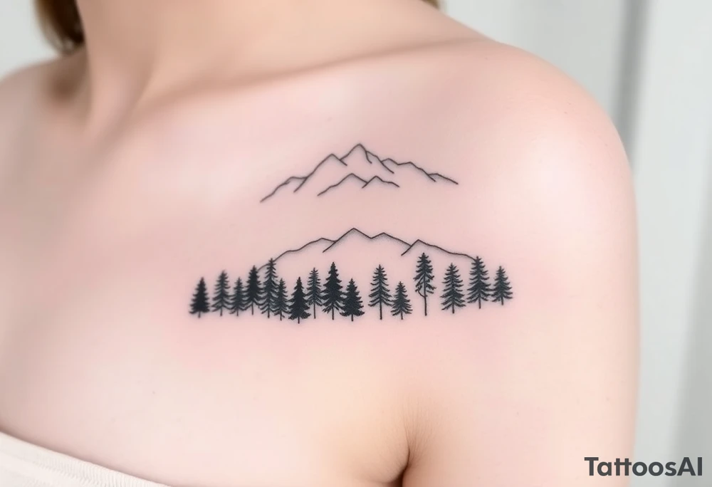 Row of trees fading into mist, mountains rising above. Forest represents struggle, peaks symbolize clarity. Minimalist tattoo idea