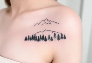 Row of trees fading into mist, mountains rising above. Forest represents struggle, peaks symbolize clarity. Minimalist tattoo idea