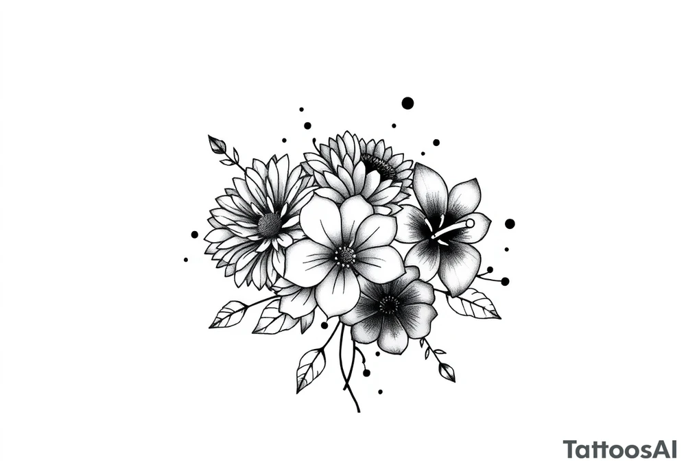 Honeysuckle, marigold, chrysanthemum, and violet bouquet tattoo idea