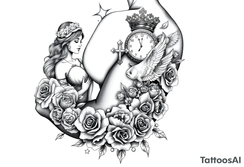 Roulette casino and princess and cross, baby angels, roses and clock and stars and fish, crown tattoo idea