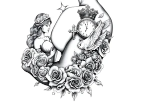 Roulette casino and princess and cross, baby angels, roses and clock and stars and fish, crown tattoo idea