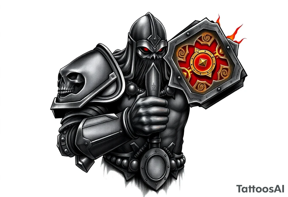 From the warhammer universe, the Old World. A warrior priest of Sigmar holding The Warhammer of Sigmar. The Warhammer of Sigmar is radiating thunderous energy. The Warhammer is held by the warrior priest with both hands upon his chest level. The Warrior priest is wearing dark alloyed heavy armour with skull sigils on his shoulder pads. The warrior priest is wearing a fully head covered helmet, while the helmets front visor has an intimidating humanoid face covering. The helmet and armour are galdened with hints of gold and crimson red. tattoo idea