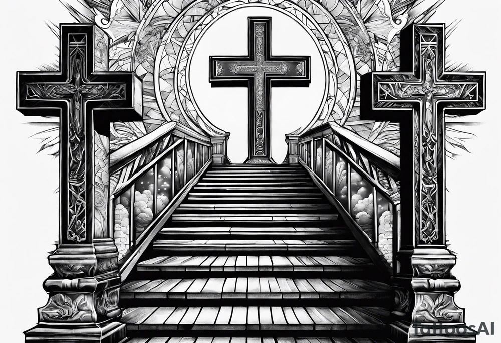 three crosses at the foot of stairs leading to heavens gates tattoo idea