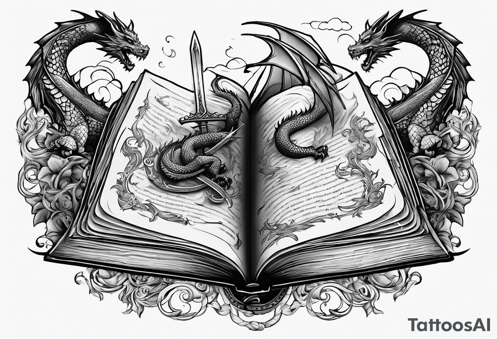 an open book with a sword through it, dragons and sparks surrounding the book tattoo idea