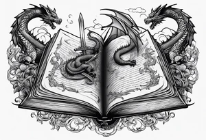 an open book with a sword through it, dragons and sparks surrounding the book tattoo idea