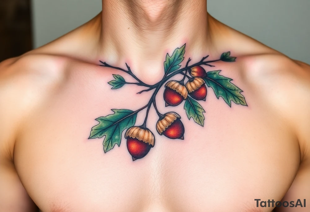 on the chest an oak branch with thick leaves and acorns oak branch with thick leaves and acorns tattoo idea