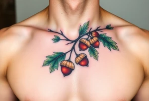 on the chest an oak branch with thick leaves and acorns oak branch with thick leaves and acorns tattoo idea