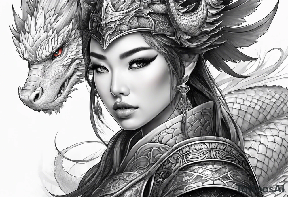 beautiful warrior woman wearing dragon armor tattoo idea
