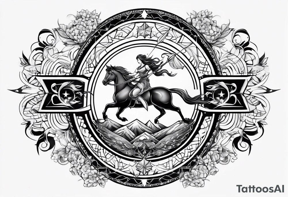 sagittarius symbol with designs for family surrounding it tattoo idea