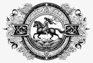 sagittarius symbol with designs for family surrounding it tattoo idea
