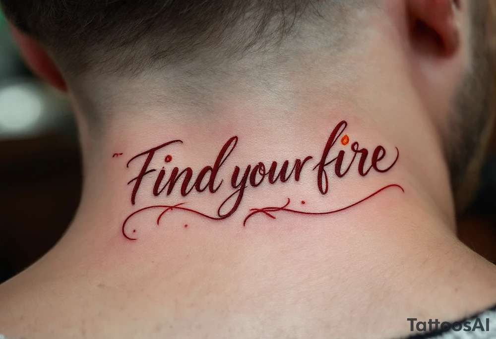 “Find your fire” in smoky red script, trailing into a stylized flame in rust and gold. tattoo idea