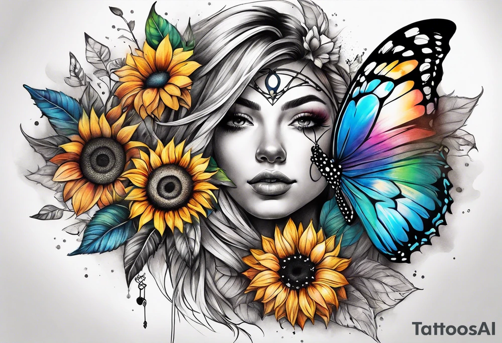 arm sleeve with dreamcatcher, rainbow sunflowers and one butterfly tattoo idea