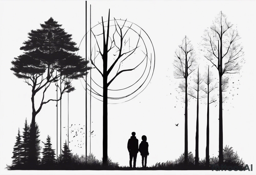 two tall silhouettes of trees and one small person standing between them with the symbol |-/ hidden somewhere in the design. i want it to look hand drawn tattoo idea