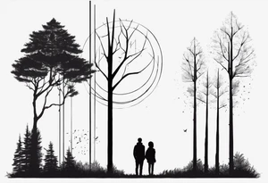 two tall silhouettes of trees and one small person standing between them with the symbol |-/ hidden somewhere in the design. i want it to look hand drawn tattoo idea