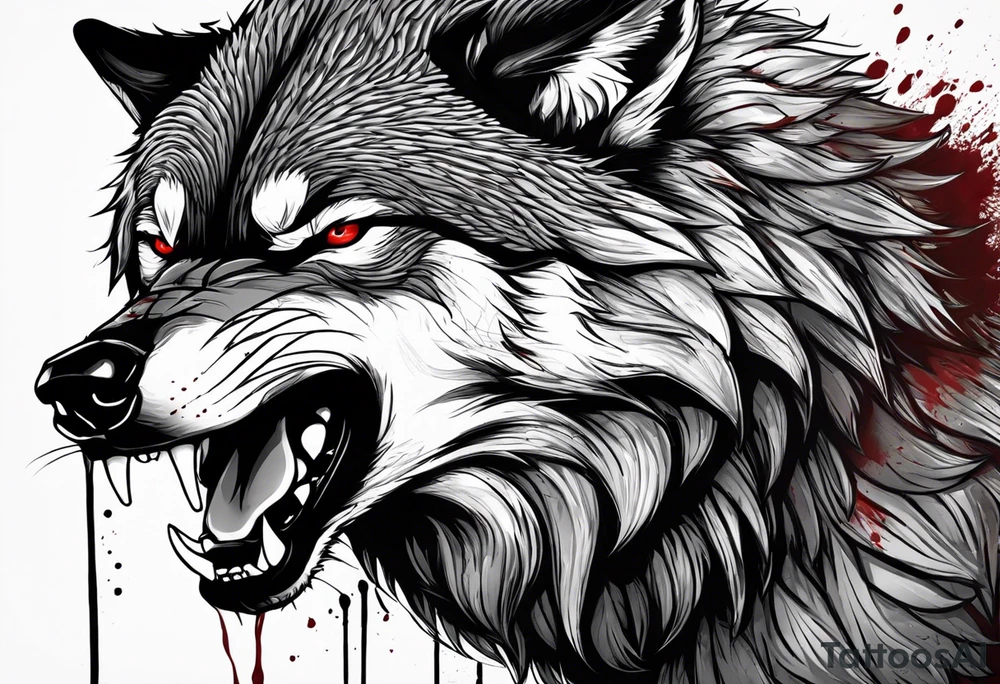 Create aggressive WOLF, with some blood coming out of his mouth and saliva. BLOOD IN THE BACKGROUND. Make it a drawing and use the image of reference. I am going to add. I want HIM TO BE ANGRY WITH RED EYES use VICIOUS WOLF THATS ANGRY tattoo idea