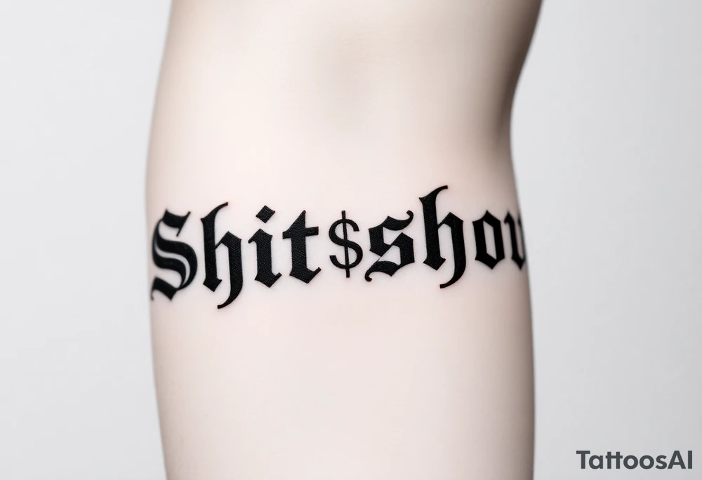 "Shit show” in times new Roman font with a dollar sign replacing one of the letters tattoo idea