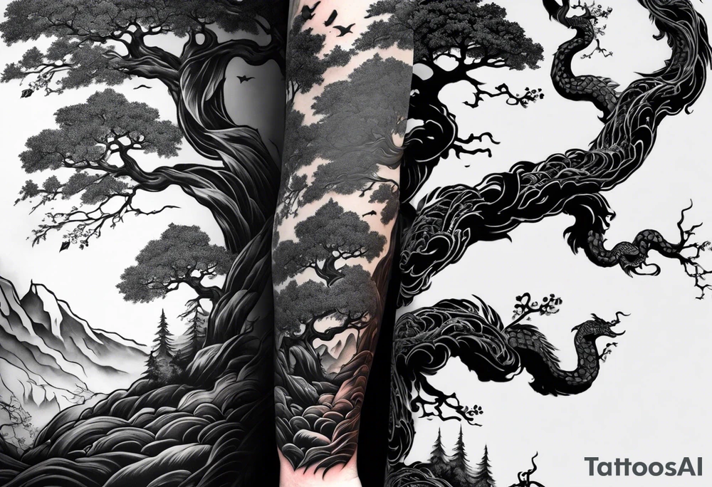 Full arm sleeve, tree going up to shoulder dead tree going down to wrist, wrapped in a serpent moving down with mountain, water, and demon tattoo idea