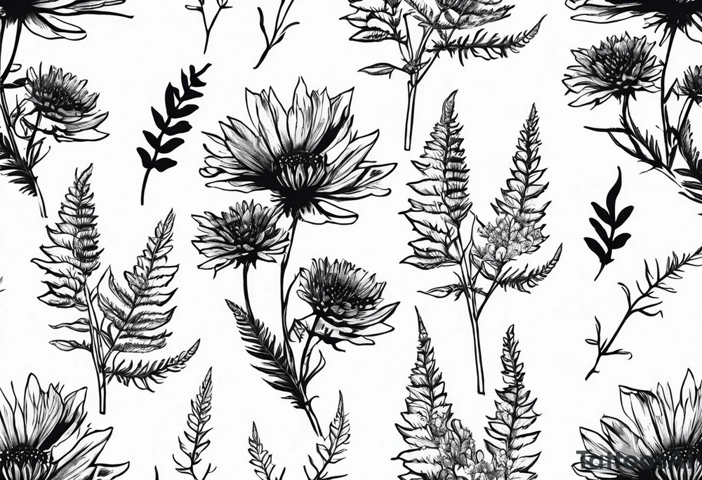 spread out mixed wildflower bouquet with ferns, thistle and with color and show the design on a leg tattoo idea