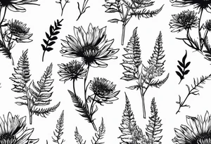 spread out mixed wildflower bouquet with ferns, thistle and with color and show the design on a leg tattoo idea