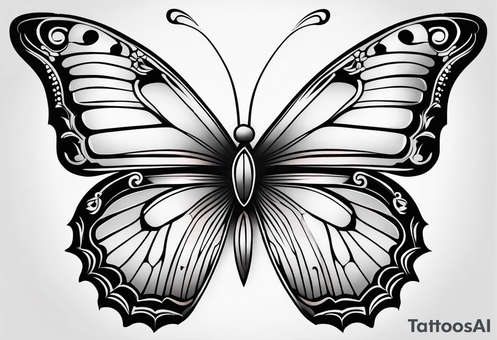 Elegant butterfly with fine, feminine linework, incorporating soft, symmetrical patterns and a light gradient from black to soft pastel hues for a graceful touch. tattoo idea