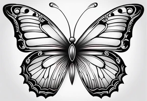 Elegant butterfly with fine, feminine linework, incorporating soft, symmetrical patterns and a light gradient from black to soft pastel hues for a graceful touch. tattoo idea