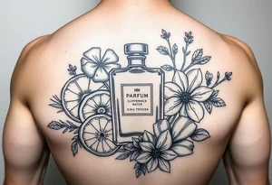 Modern perfume bottle surrounded by sliced citruses, woods, water and violet flowers tattoo idea