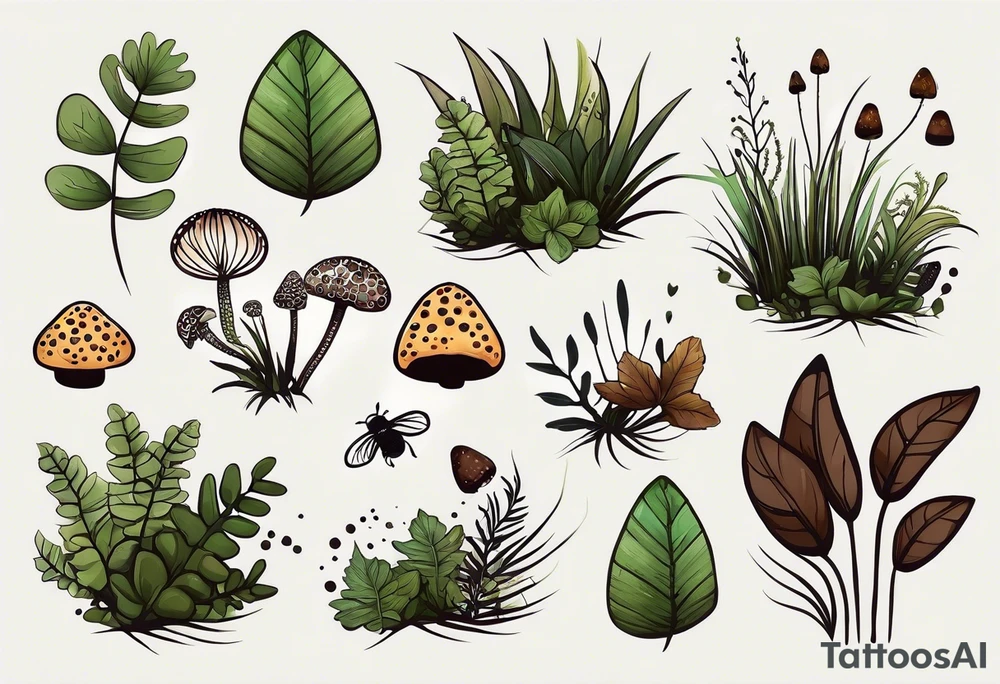 minimalistic forest floor inspired tattoo, which includes grass, moss, curly ferns and dead leaves as the bulk of the tattoo. details to include: forest berries, couple of very small brown mushrooms, a tiny bumblebee flying nearby tattoo idea