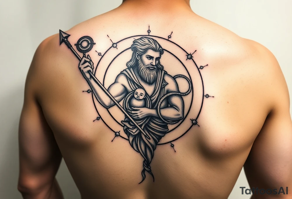 a tattoo design of the Greek God Saturn holding his spear in one hand with the Saturn Symbol as the spear head, in his other arms cradling a twin younger version of himself. The gemini constellation is in the background behind the Saturn Gods with the saturn rings circling around the tattoo like the planet saturn with the ring coming from behind, circling in front and going round the other side tattoo idea