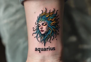 A half-human, half-aquatic being, with gills and bioluminescent skin, with word "aquarius" underneath tattoo idea