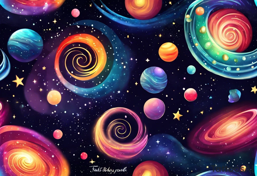 I want a spiral nebula space galaxy tattoo that's colorful and bright and cute and is nice to look at I don't want a traditional circle I want it like the ones thay look like an s shape tattoo idea