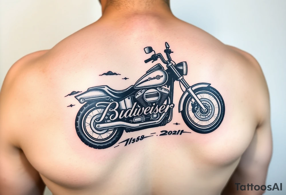 An arm tattoo with Dale Earnhardt car on it with the year 1958 - 2021 intertwined with a motorcycle with a Budweiser logo on it tattoo idea