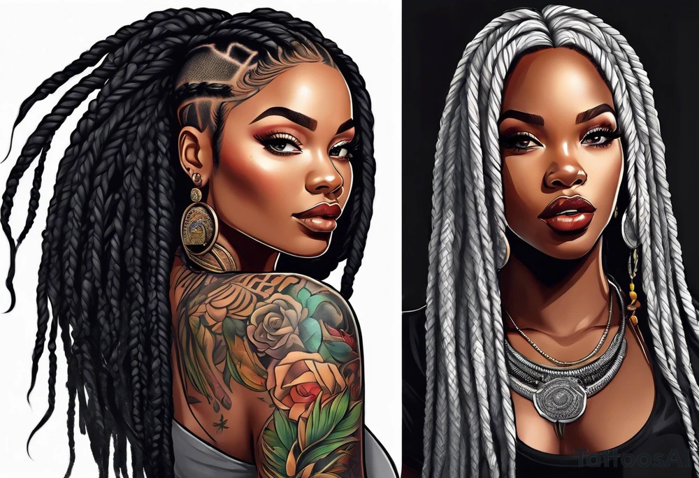 beautiful thick black women with long straight dreadlocks, new school style, tattoo idea