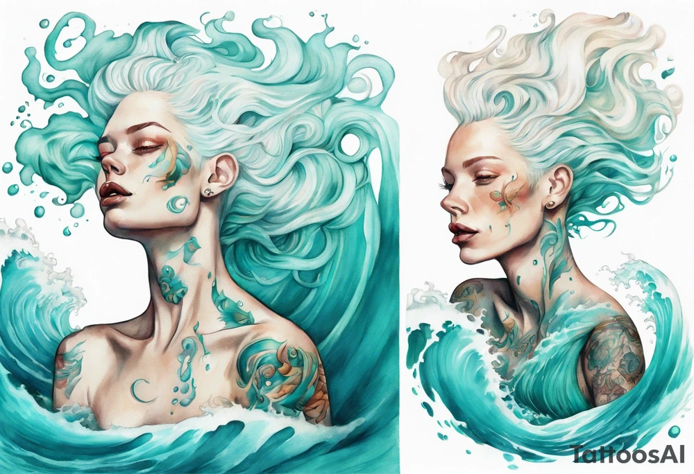 a tall albino woman made of water with turquoise hair sitting upon a wave tattoo idea