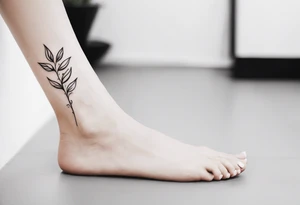 delicate feminine tattoo, plant stem ornament with leaves and shading around the ankle with an overlap on the foot.  at the ends of the stem the letters D, K tattoo idea