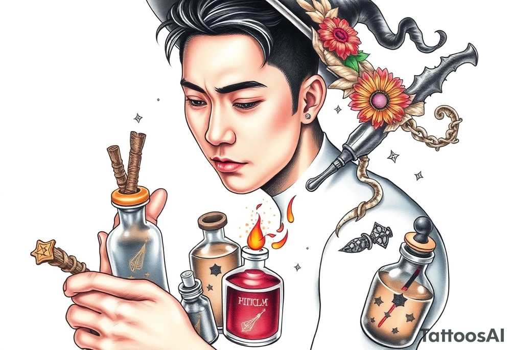 Handsome Asian young adult guy is  accidentally stumbled upon witch tools, supplies, artifacts, potions and exploring it curiously tattoo idea