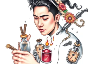 Handsome Asian young adult guy is  accidentally stumbled upon witch tools, supplies, artifacts, potions and exploring it curiously tattoo idea