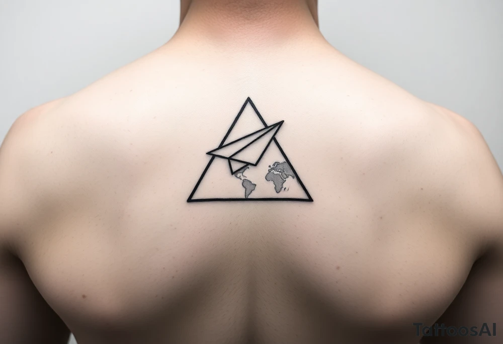 Small geometric triangle with a geometric paper plane with fine thin lines flying around the world with fine thin lines tattoo idea