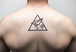 Small geometric triangle with a geometric paper plane with fine thin lines flying around the world with fine thin lines tattoo idea