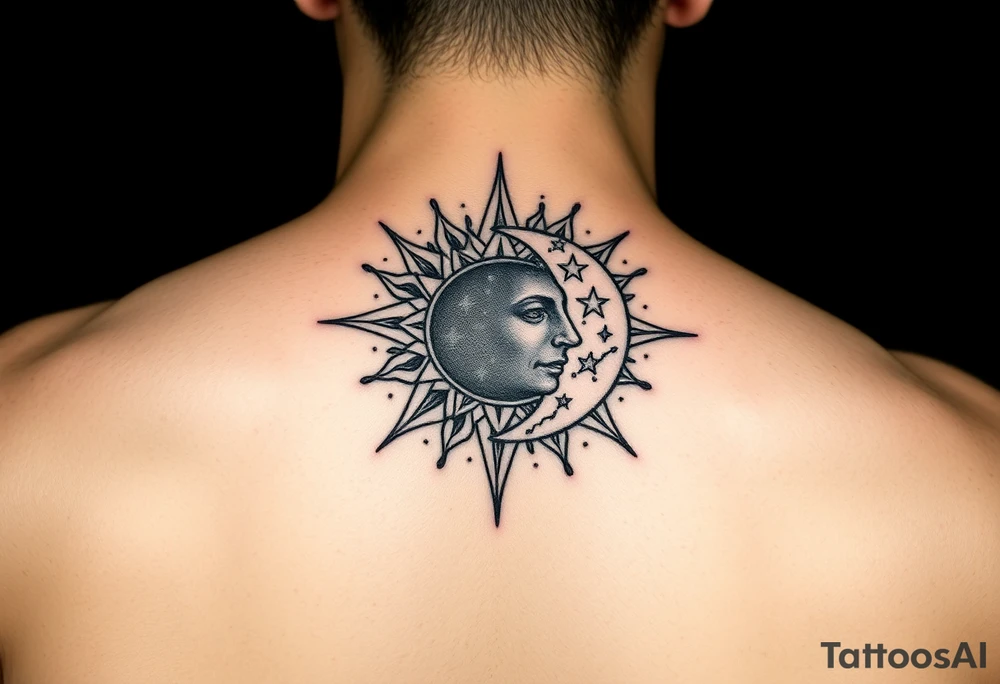 celestial sun and moon embrace with constellation patterns tattoo idea celestial sun and moon embrace with constellation patterns tattoo idea